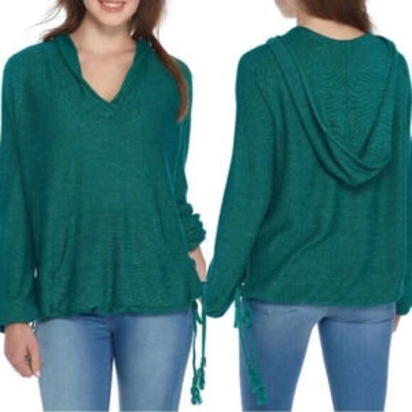 Free People Forest Green Optimistic Linen Blend Hooded Sweater Sz L Lagonlook - Picture 1 of 10
